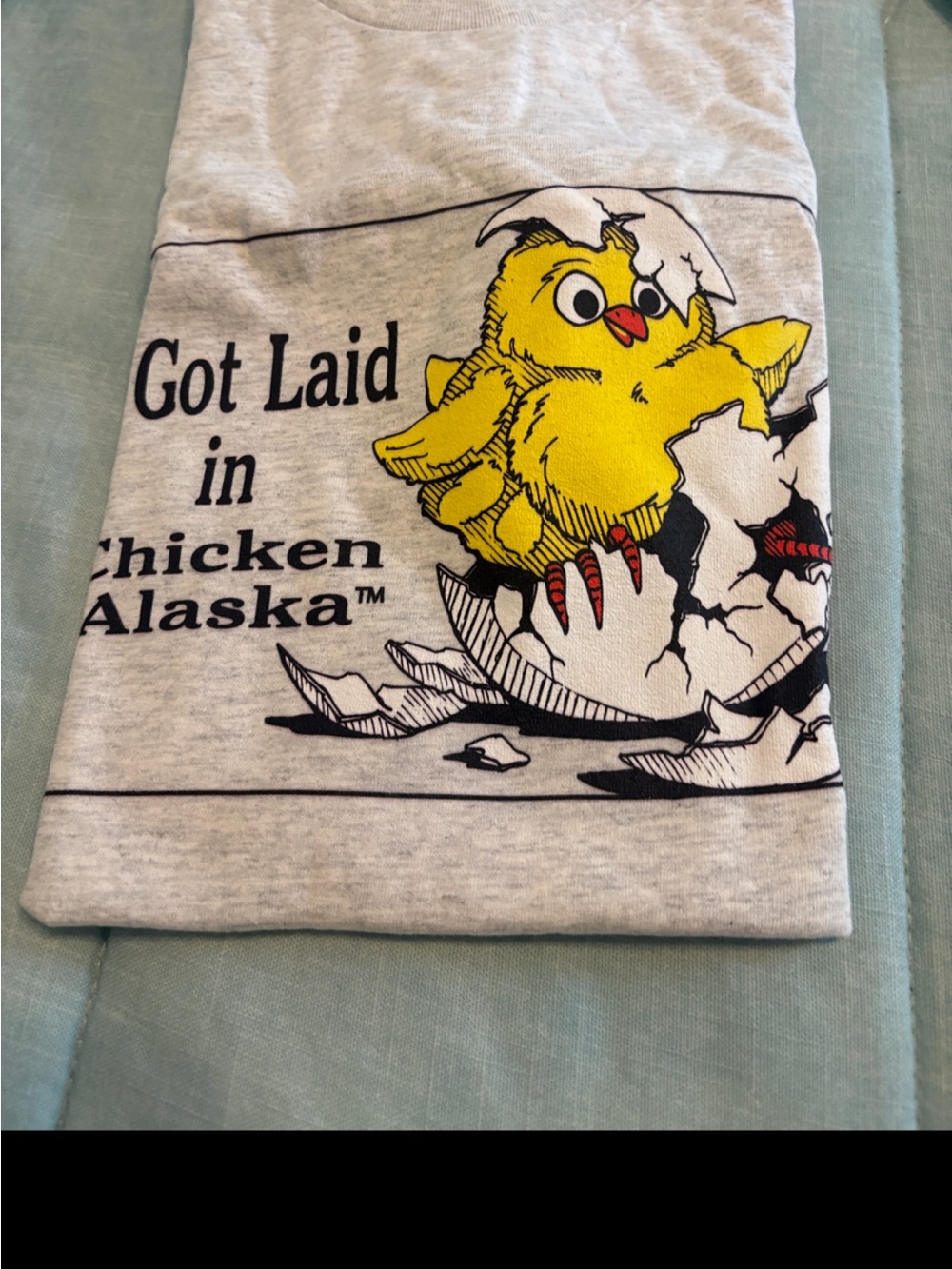 Source Unknown Gray Tee with Yellow Chick Graphic - 'Got Laid in Chicken Alaska'